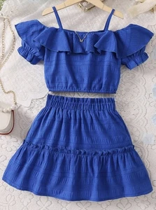 SHEIN Tween Girl Blue Solid Color Spaghetti Strap Ruffled Top And Frill 8 Yr old - Picture 1 of 1