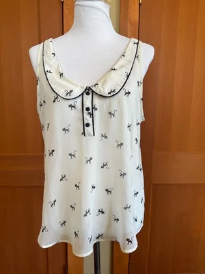AMERICAN RAG CIE sheer sleeveless ivory with black cat motif blouse L (est) - Image 1 of 4