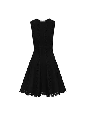 Oscar de la Renta Fit & Flare Black Dress Knitted Scallop Trim Sleveles Sz L NWT - Image 1 of 4