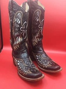 Botas occidentales Corral de cuero negro desgastado alas cruzadas talla 9,5 M bohemias - Imagen 1 de 9