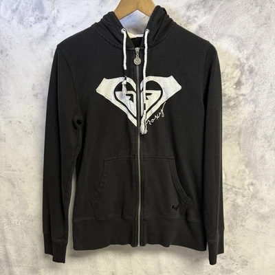 Vintage Y2k Roxy Quiksilver Hoodie Sweatshirt Womens Medium Black  Zip 18.5x24.5 - Image 1 of 4