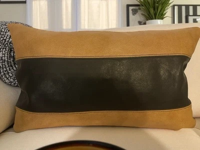 Genuine Leather Pillow Cover, Lumbar Pillow Cover, Tan, Black, 20x12 New - Image 1 of 4