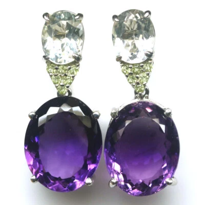 Gemstone 14 x 18 mm. Purple Amethyst, Topaz & Peridot Earrings 925 Silver - Image 1 of 4