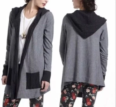 Cardigã Anthropologie Vanessa Virginia aberto com capuz suéter espinha de peixe cinza XS - Imagem 1 de 4