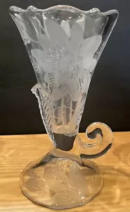Glass Cornucopia Duncan Miller Etched Vintage Three Feather Passion Fruit Rare - Picture 1 of 12
