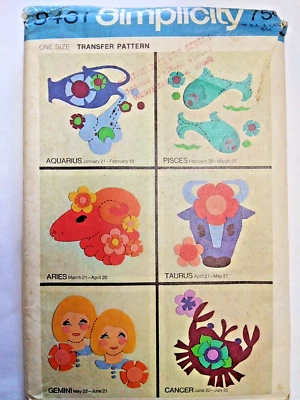 Transfer Pattern Applique Zodiac Signs Simplicity 8431 Craft Sewing Leo Virgo UC - Image 1 of 4