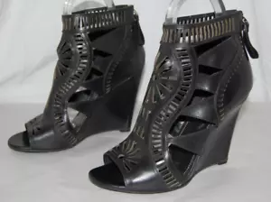 40/10❤️Sergio Rossi Black Leather High Wedge Heels Gladiator Sandals BOOTS ITALY - Picture 1 of 11