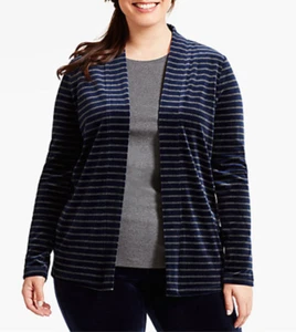 TALBOTS LUXE PLUSH VELOUR NAVY BLUE GRAY STRIPED OPEN FRONT CARDIGAN PLUS 2X - Picture 1 of 3