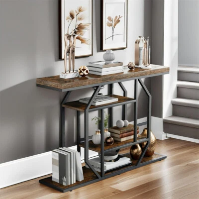 Industrial Entryway Console Table 4 Tiers Rustic Wood Metal Narrow Hallway Desk - Image 1 of 4