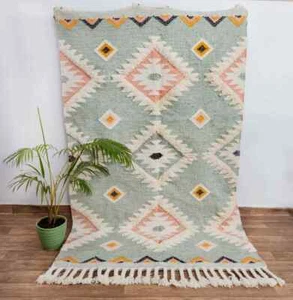 Sea Green Wool Moroccan Rug Hand Woven Bohemian Decor Inspired, Boho Scandinavia - Picture 1 of 9