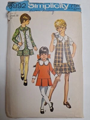 Vest Dress Drop Waist Pleated Girls 12 Simplicity 8992 Sewing Pattern Cut VTG - Image 1 of 4