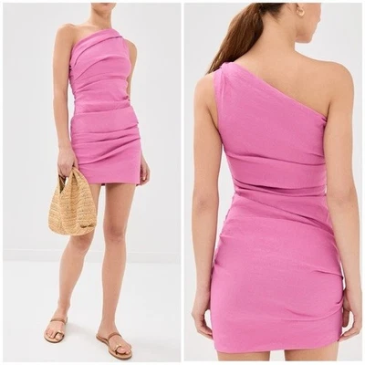 New ALC Carina Gathered One Shoulder Mini Dress Pink Linen Blend Sz 8 - Image 1 of 4