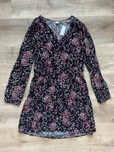 GAP Floral Long Sleeve Mini Dress Black Pink Red Button Front NWT Size L Boho - Picture 1 of 4
