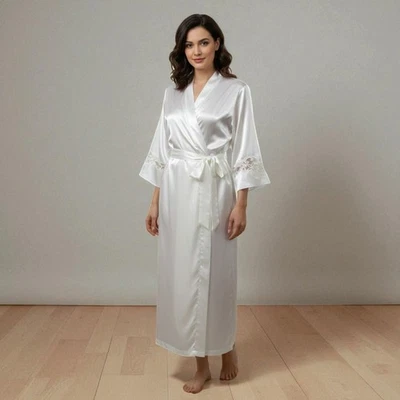 Morgan Taylor Vintage Ivory Satin Bridal Boudoir Robe Women’s S Long Belted - Image 1 of 4