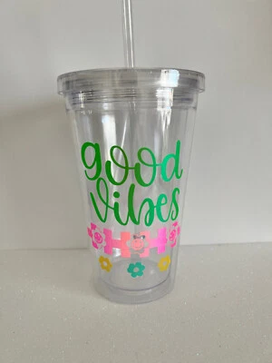 Good Vibes Petals GLossy Glitter Vinyl 16oz Acrylic Custom Tumbler - Image 1 of 3