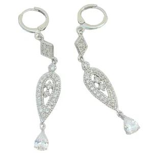 Cubic Zirconia Slim Tear Drop White Gold Plated Vintage Style Dangle Earrings - Picture 1 of 6