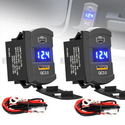 2x 36W Car Charger with Voltage Display, QC3.0 & PD Fast Charger Adapter 12V/24V - Изображение 1 из 4
