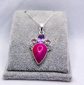 Colgante con ágata rosa, amatista, cadena de cuarzo ahumado sello plata de ley 925 - Imagen 1 de 8