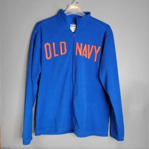 Old Navy Mens Fleece Jacket XL Full Zip Blue With Orange Stitched On Lettering - Picture 1 of 5