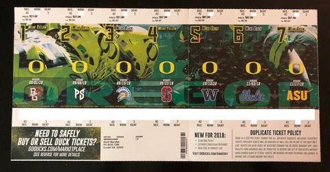 2018 Oregon Ducks Football Collectible Ticket Stub - Choose Any Home Game Cover