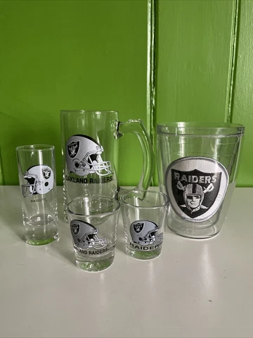 (5) LOT Vtg 80s Oakland Raiders Logo NFL Clear Glasses Football shot Cups Mugs Cover