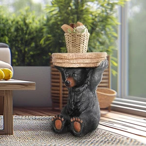 Mesa auxiliar rústica de oso negro de 20,8" H estatua de oso sosteniendo una bandeja de tocón de árbol - Imagen 1 de 9