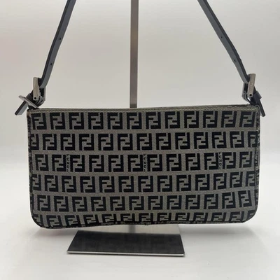 FENDI FF Zucchino Hand Bag Accessory Pouch Canvas Leather Navy Authentic - Image 1 of 4