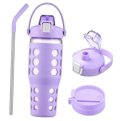  32 oz Glass Tumbler with Straw,Glass Water Bottles with Time 32 Ounces Purple - Image 1 of 4