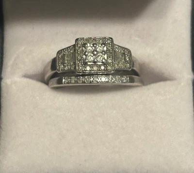 Sterling Silver With Small Diamonds Bridal Set Square Cluster Ring SZ 7 Signed.  - Image 1 of 4