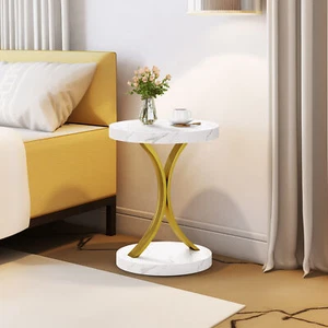 Round End Table Side Table with Faux Marble Top for Living Room Bedroom Decor - Picture 1 of 8