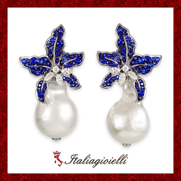 Sensuali Orecchini Zaffiro in Argento 925 Rodiato Oro Bianco con Perle di Fiume - Immagine 1 di 4