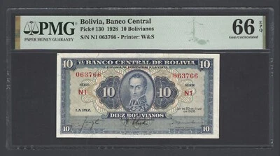 Bolivia 10 Bolivianos 1928 P130 Uncirculated Graded 66 - Image 1 of 2