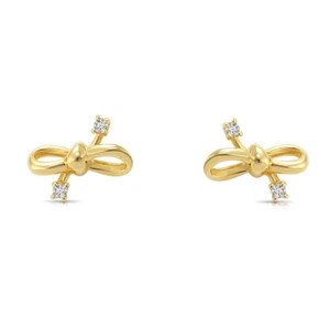 14K Real Solid Yellow Gold Dainty Ribbon Bow CZ Sleeper Stud Earrings Screw-back - Picture 1 of 8