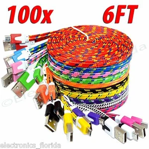 LOT 100x 6FT Micro USB Charger Sync Cable Flat Braided for android cell phones - Photo 1 sur 2