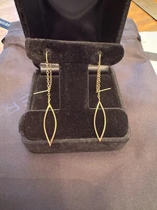 14k solid gold 2” threader leaf dangle drop earrings - Picture 1 of 5