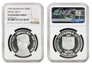 Yugoslavia Plata 300 Novih Dinara 1996 NGC PF69UC 'Nikola Tesla' - Imagen 1 de 3