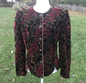 Vintage Velvet Floral Rose Print Puff Sleeve Gold Etched Jacket Whimsygoth L - Picture 1 of 11