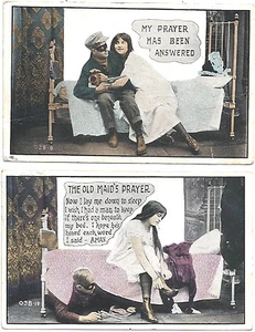 2 postales ~ Oración de viejas criadas ~ Niña en camisón y su debajo de su cama c1910 - Imagen 1 de 2
