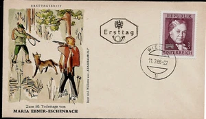 1966 Marie von Ebner-Eschenbach Writer Hunting Scene First Day Cover FDC Literat - Picture 1 of 3