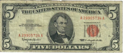 1963 5$ United States Note - Red Seal Right, KOG/CDD A29905734A - #13563 - Image 1 of 2