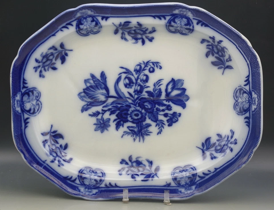 COPELAND & GARRETT SPODE FLOW AZUL PLATO GRANDE PARA CARNE TULIPANES 1833-1847 18"x15" Foto 1 de 4
