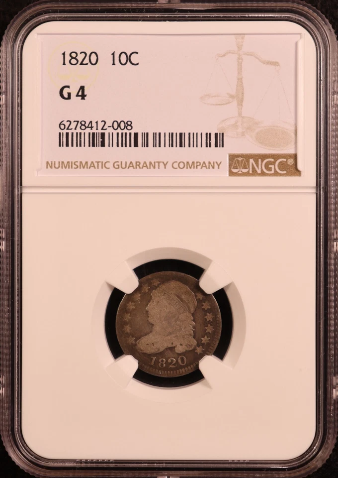 1820 Capped Bust Silver Dime "Large 0" - NGC Good 4 -Pleasant Original Surfaces! - Image 1 of 4
