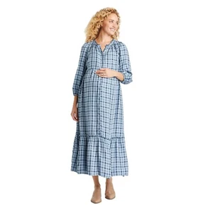Ingrid & Isabel Maternity Size XS Blue Plaid 3/4 Sleeve Button Front Maxi Dress - Picture 1 of 10