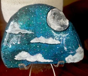 Hand Painted Rock “Moonlit Night Sky Star” Art Garden Decor Collectible Art Gift - Picture 1 of 6