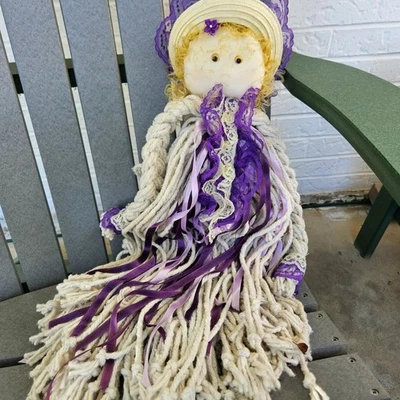Mop Doll Handmade Country Farmhouse Folk Art Door Wall Hanging Vintage 22" 1980s - Image 1 of 4