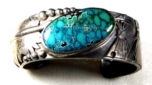 NATIVE AMERICAN STERLING Stamped TURQUOISE Cab HANDMADE Vintage Heavy BRACELET - Picture 1 of 11