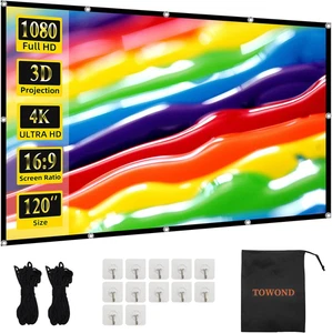 TOWOND Projector Screen 120 Inch, Wrinkle-Free and Foldable Projection Screen 16 - Picture 1 of 12