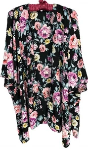Maurices Top One Size Black Pink Floral Silky Open Front Kimono Outfit Topper OS - Picture 1 of 8