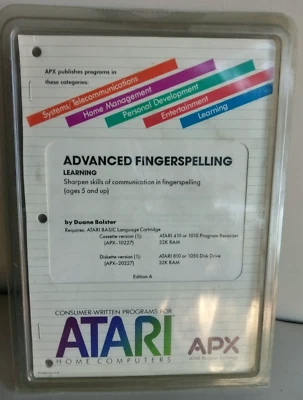 Advanced Fingerspelling Atari 400/800/XL/XE Disk w/manual APX-20227 Plastic Covr - Image 1 of 2