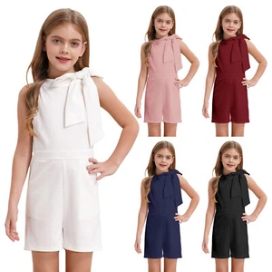 Kids Girls Jumpsuit Breathable Rompers Tying Halter One Piece High Waist Shorts - Picture 1 of 78